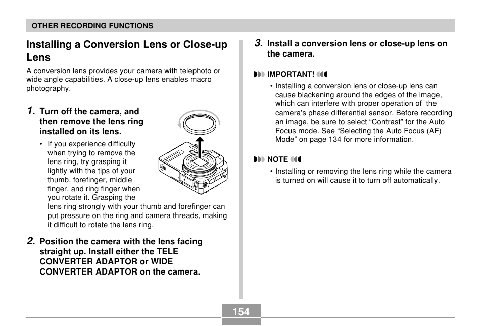Installing a conversion lens or close-up lens | Casio EX-P700 User Manual | Page 154 / 267
