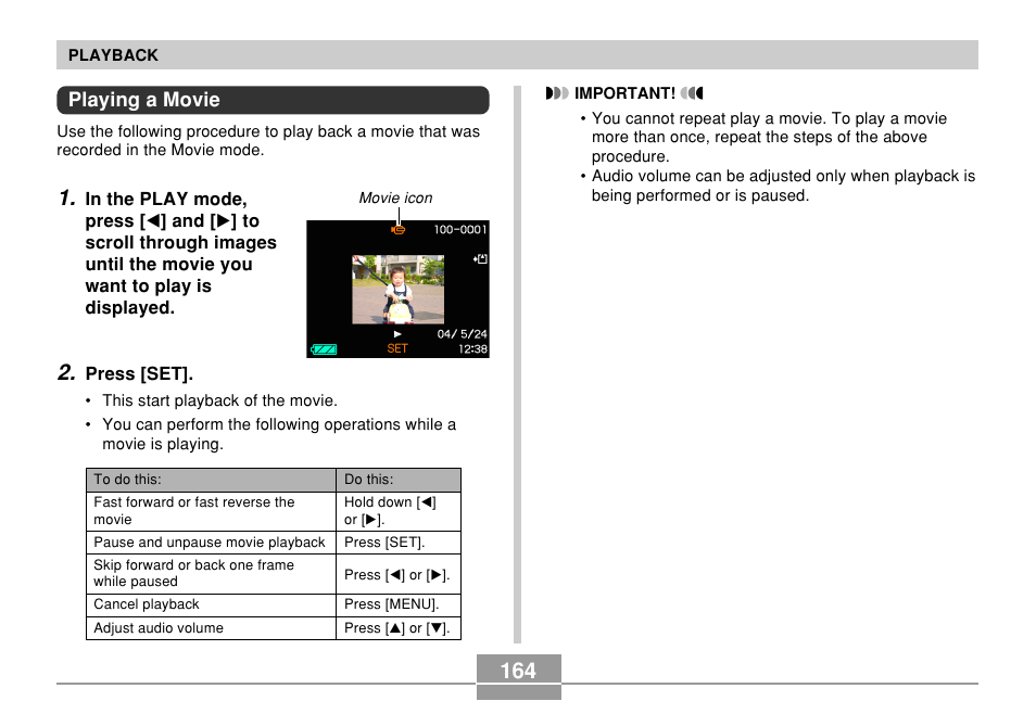 Playing a movie | Casio EX-P700 User Manual | Page 164 / 267