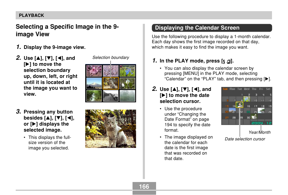 Selecting a specific image in the 9-image view, Displaying the calendar screen, Selecting a specific image in the 9- image view 1 | Casio EX-P700 User Manual | Page 166 / 267