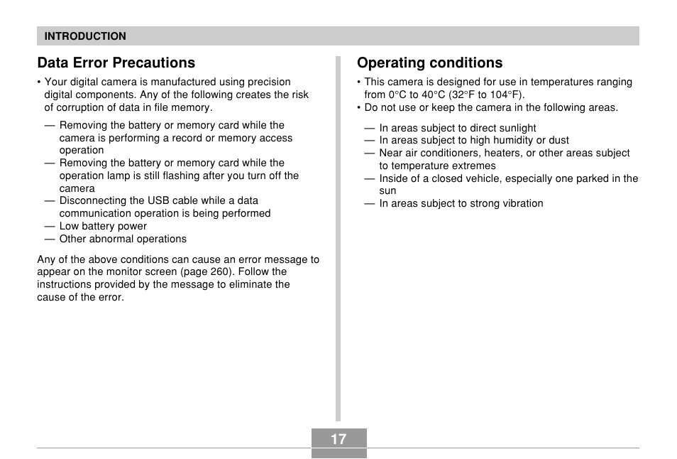 Data error precautions, Operating conditions, 17 operating conditions | Casio EX-P700 User Manual | Page 17 / 267