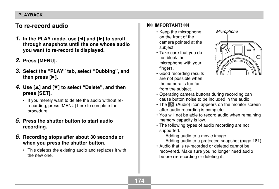 To re-record audio | Casio EX-P700 User Manual | Page 174 / 267