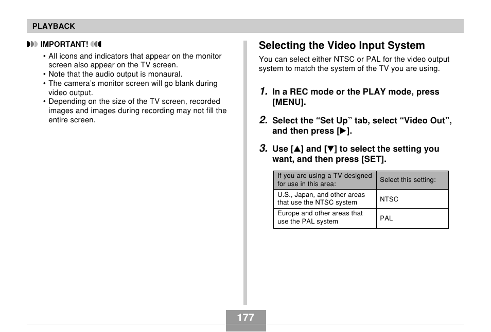 Selecting the video input system | Casio EX-P700 User Manual | Page 177 / 267