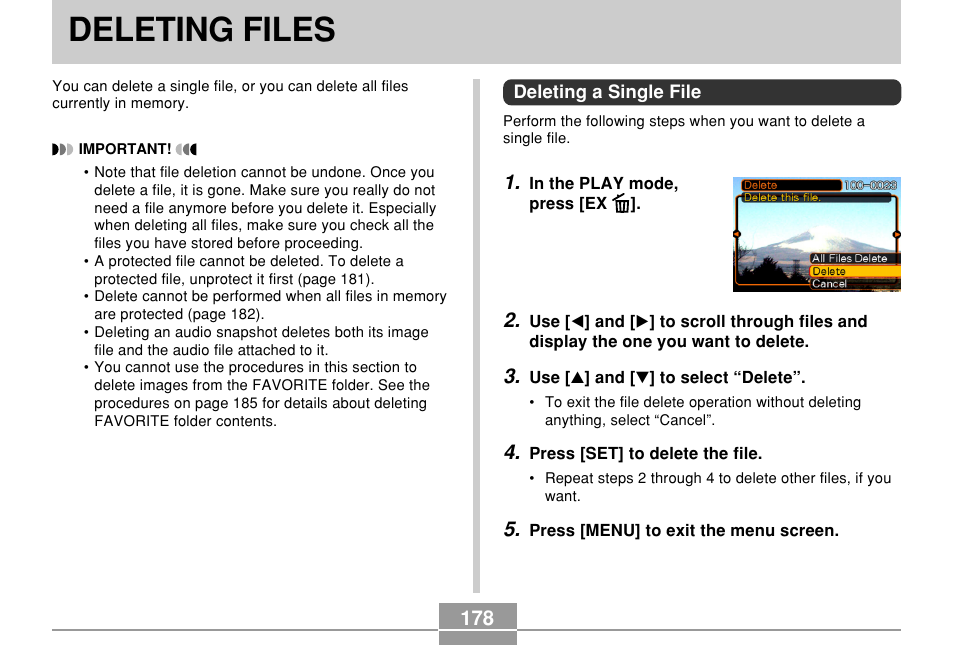 Deleting files, Deleting a single file | Casio EX-P700 User Manual | Page 178 / 267