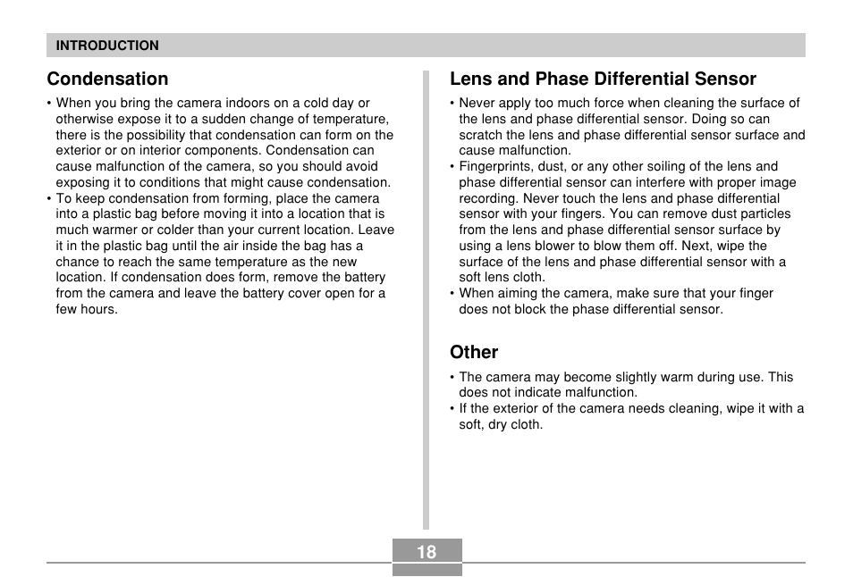 Condensation, Lens and phase differential sensor, Other | 18 lens and phase differential sensor | Casio EX-P700 User Manual | Page 18 / 267