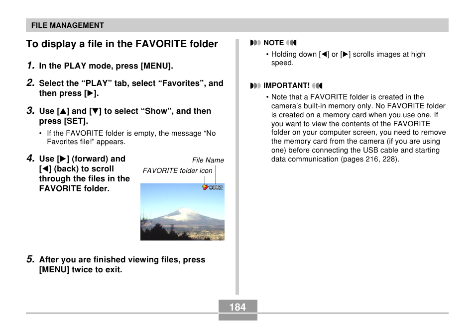 To display a file in the favorite folder, 184 to display a file in the favorite folder 1 | Casio EX-P700 User Manual | Page 184 / 267