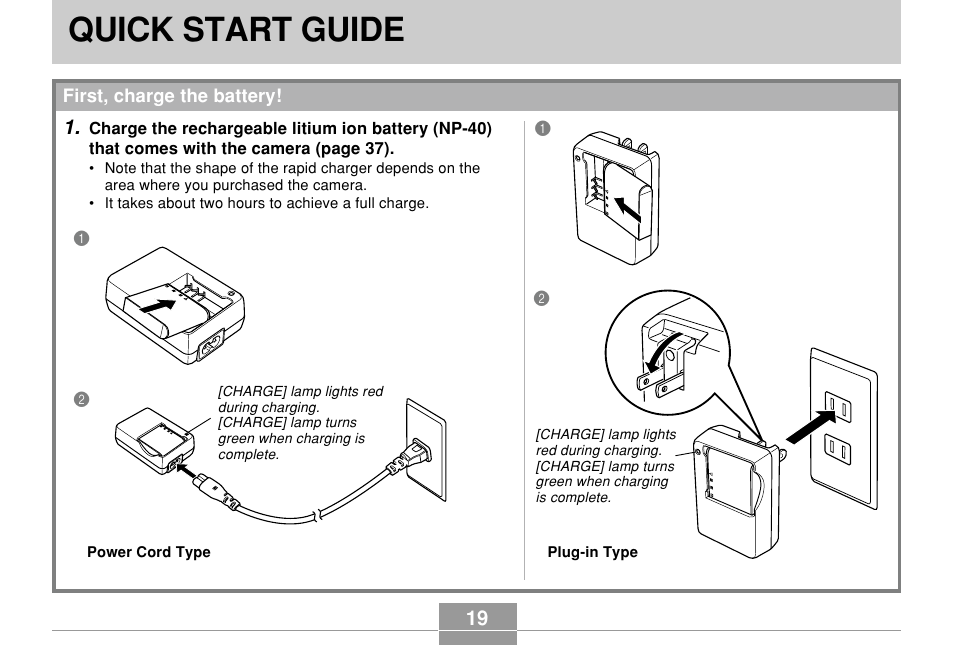 Quick start guide, First, charge the battery | Casio EX-P700 User Manual | Page 19 / 267