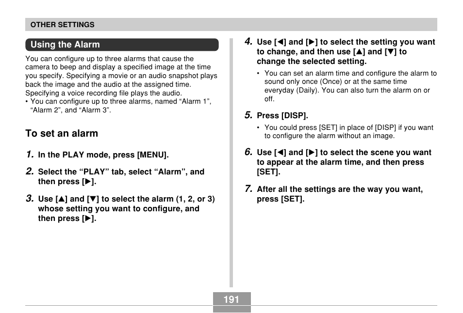 Using the alarm, To set an alarm | Casio EX-P700 User Manual | Page 191 / 267