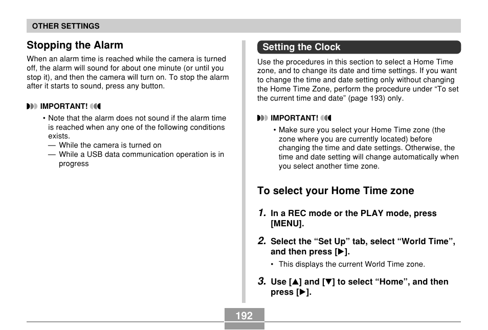 Stopping the alarm, Setting the clock, To select your home time zone | 192 stopping the alarm | Casio EX-P700 User Manual | Page 192 / 267