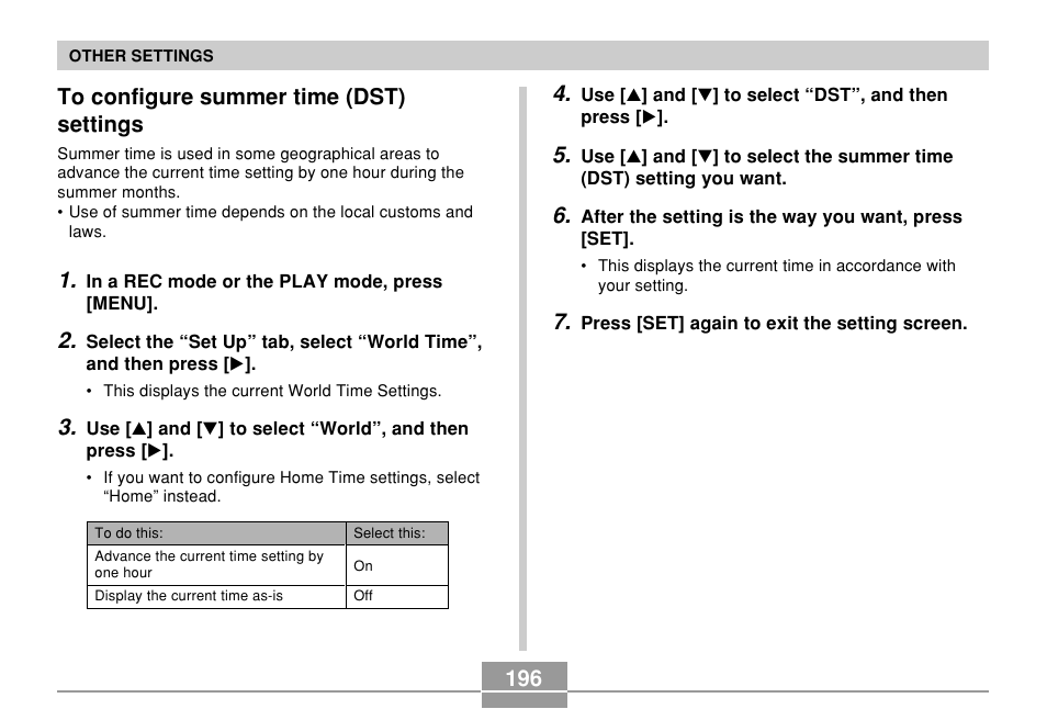 To configure summer time (dst) settings, 196 to configure summer time (dst) settings | Casio EX-P700 User Manual | Page 196 / 267