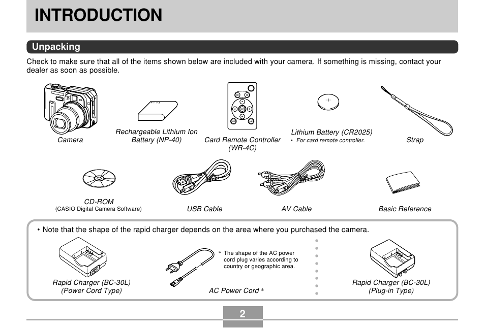 Introduction, Unpacking | Casio EX-P700 User Manual | Page 2 / 267