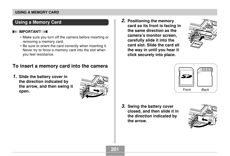 Using a memory card, To insert a memory card into the camera | Casio EX-P700 User Manual | Page 201 / 267