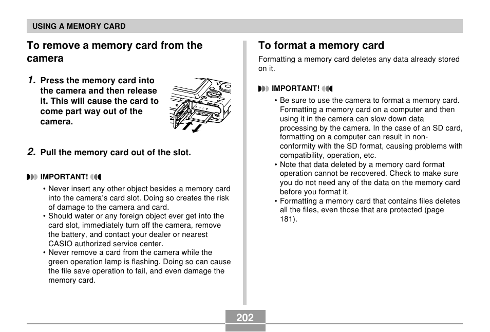 To remove a memory card from the camera, To format a memory card | Casio EX-P700 User Manual | Page 202 / 267