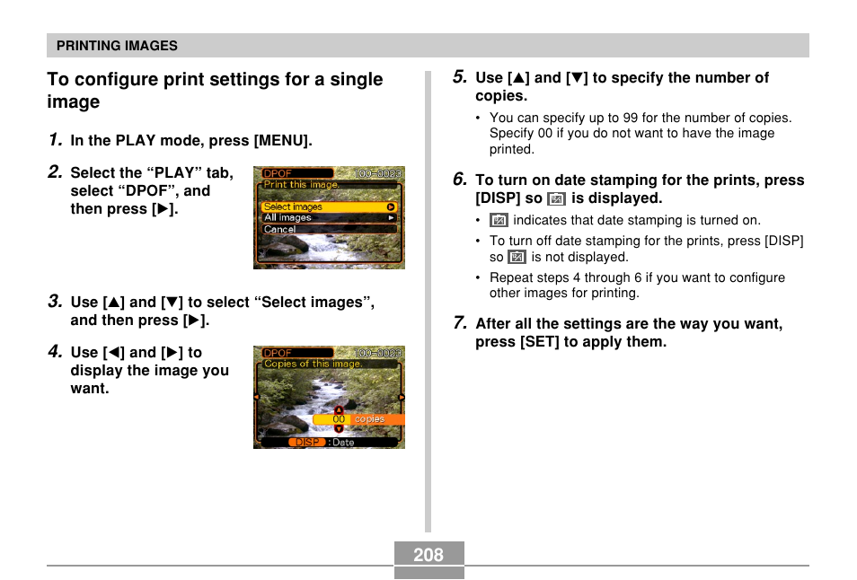 To configure print settings for a single image | Casio EX-P700 User Manual | Page 208 / 267