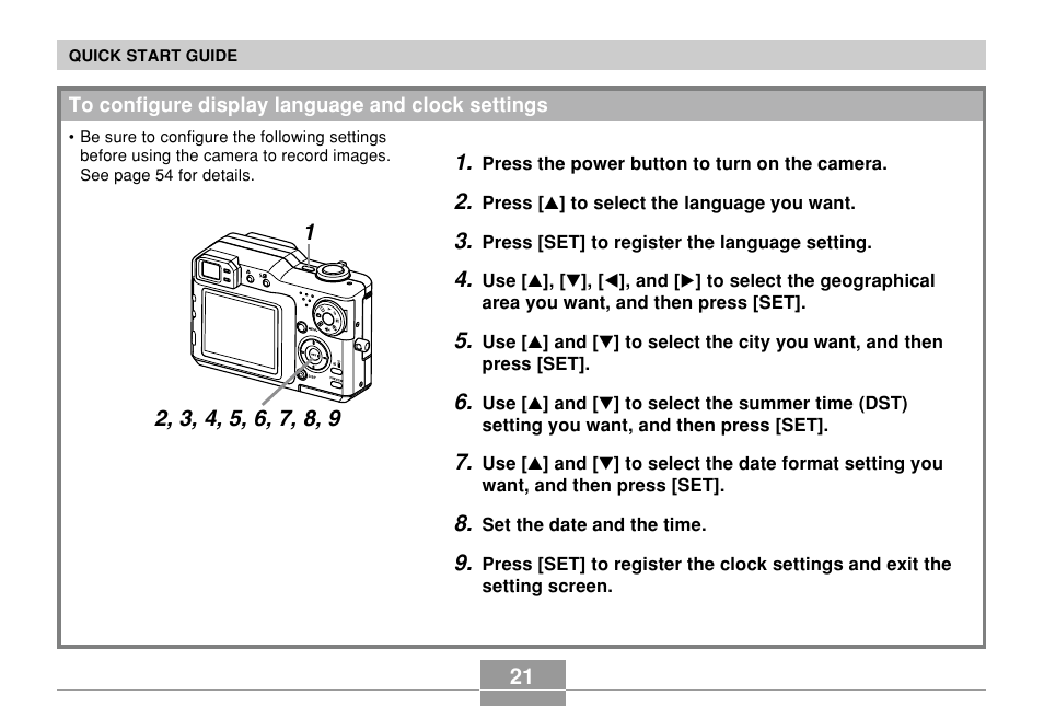 To configure display language and clock settings | Casio EX-P700 User Manual | Page 21 / 267