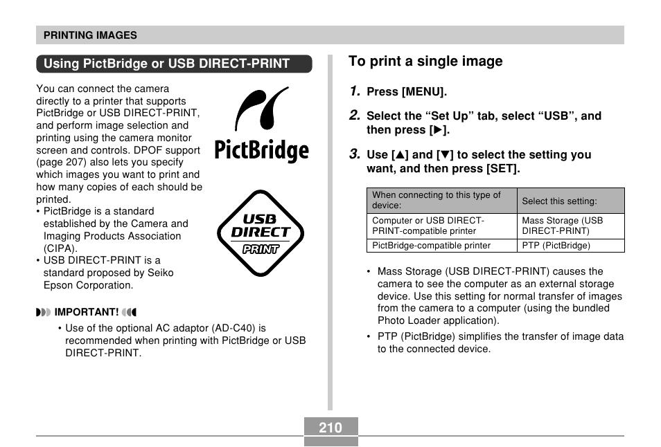 Using pictbridge or usb direct-print, To print a single image, 210 to print a single image 1 | Casio EX-P700 User Manual | Page 210 / 267