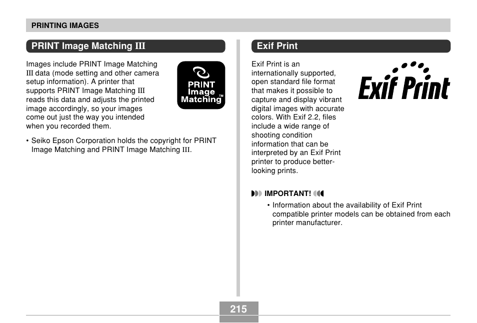 Print image matching iii, Exif print | Casio EX-P700 User Manual | Page 215 / 267