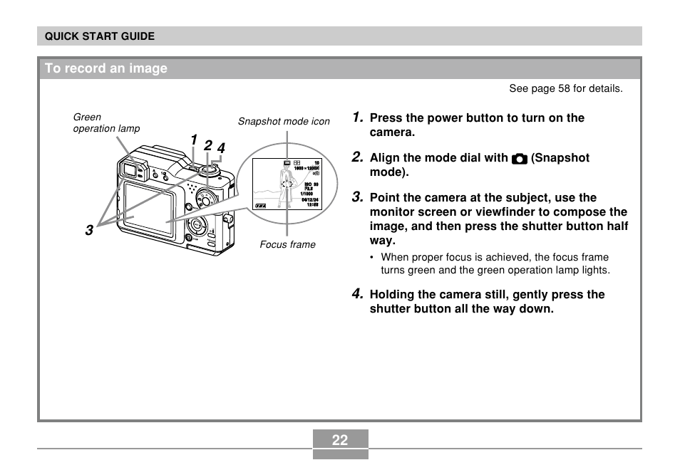 To record an image, Press the power button to turn on the camera, Align the mode dial with (snapshot mode) | Casio EX-P700 User Manual | Page 22 / 267