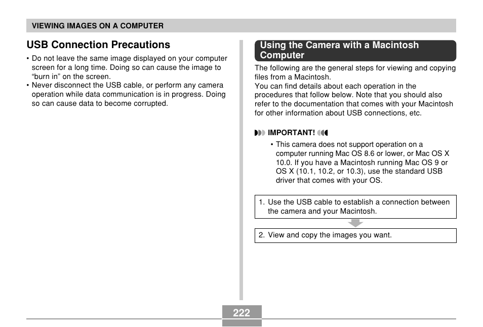 Usb connection precautions, Using the camera with a macintosh computer, 222 usb connection precautions | Casio EX-P700 User Manual | Page 222 / 267