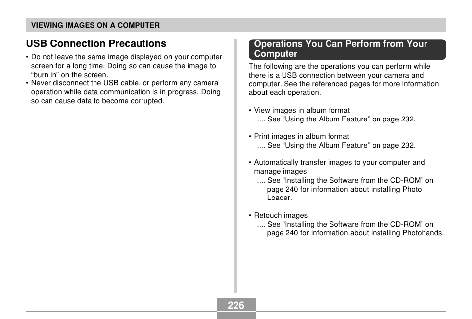 Usb connection precautions, Operations you can perform from your computer, 226 usb connection precautions | Casio EX-P700 User Manual | Page 226 / 267