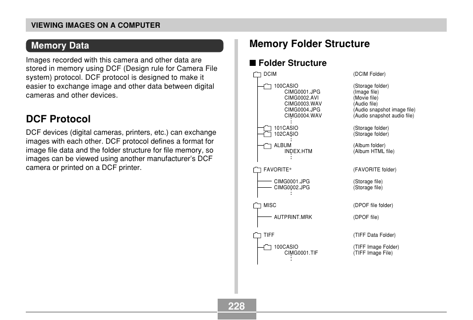 Memory data, Dcf protocol, Memory folder structure | Folder structure | Casio EX-P700 User Manual | Page 228 / 267