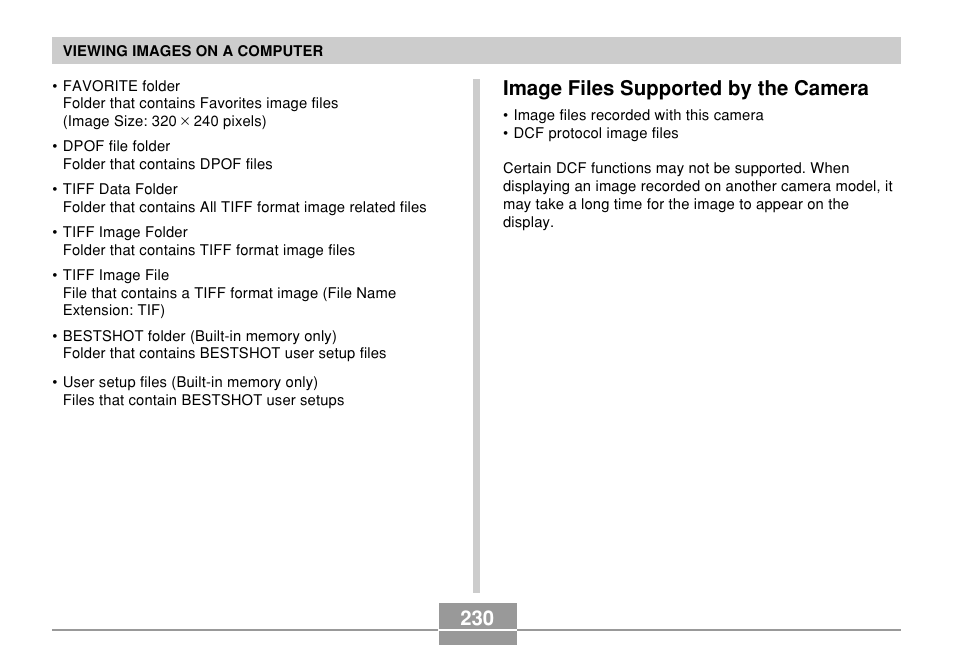 Image files supported by the camera | Casio EX-P700 User Manual | Page 230 / 267