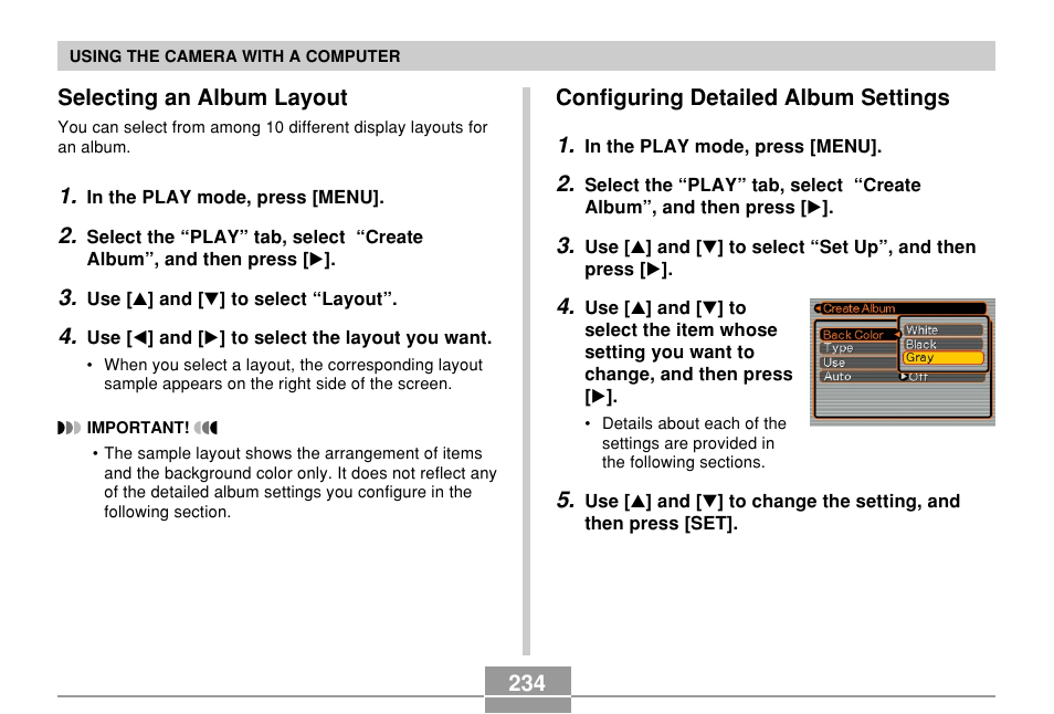 Selecting an album layout, Configuring detailed album settings | Casio EX-P700 User Manual | Page 234 / 267