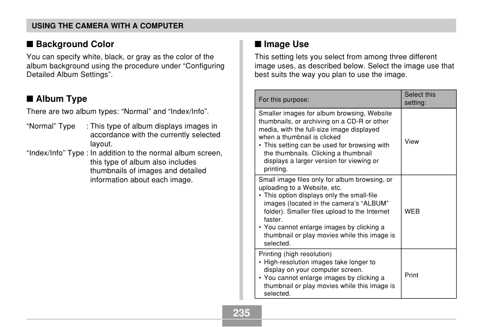 Background color, Album type, Image use | Casio EX-P700 User Manual | Page 235 / 267