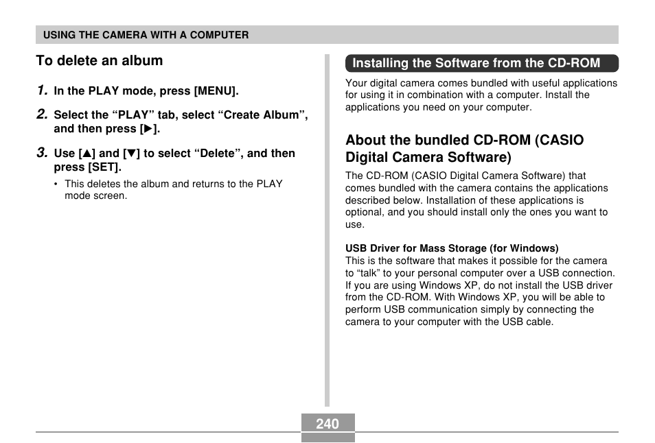 To delete an album, Installing the software from the cd-rom | Casio EX-P700 User Manual | Page 240 / 267