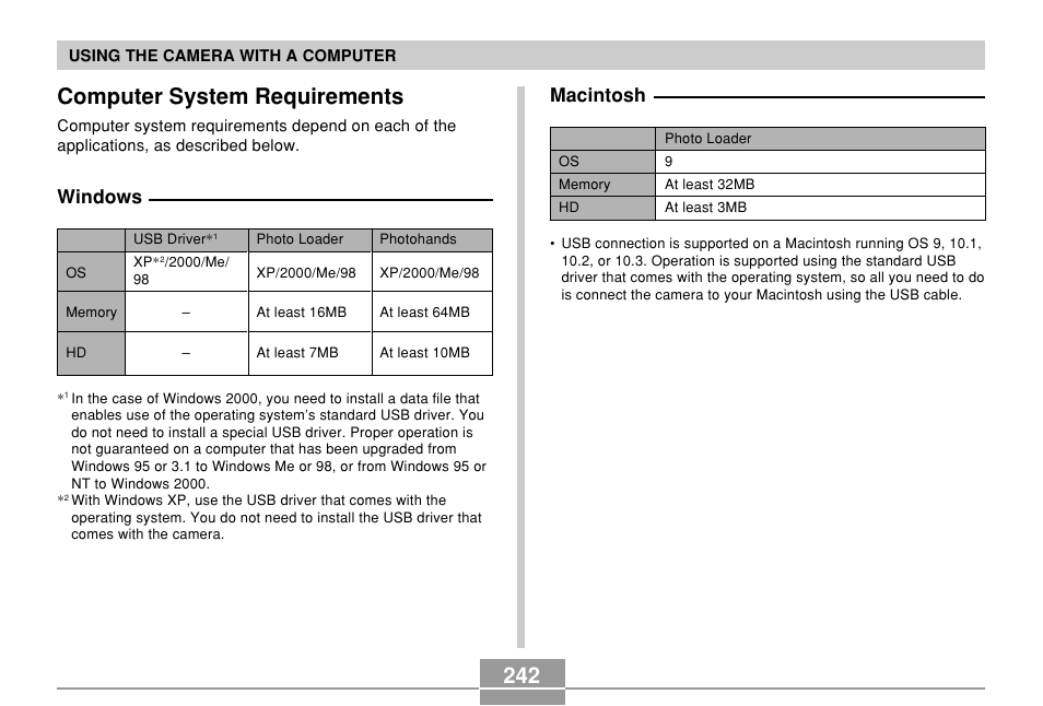 Computer system requirements, Windows, Macintosh | Casio EX-P700 User Manual | Page 242 / 267