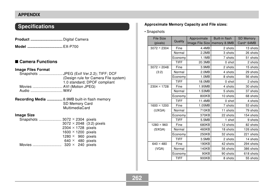 Specifications | Casio EX-P700 User Manual | Page 262 / 267