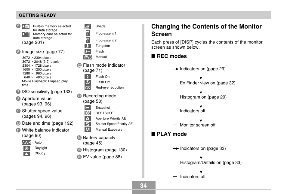 Changing the contents of the monitor screen, Rec modes, Play mode | Casio EX-P700 User Manual | Page 34 / 267