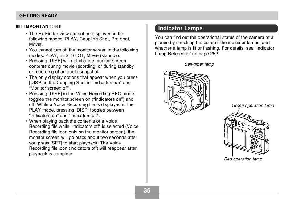 Indicator lamps | Casio EX-P700 User Manual | Page 35 / 267