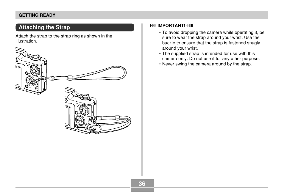 Attaching the strap | Casio EX-P700 User Manual | Page 36 / 267