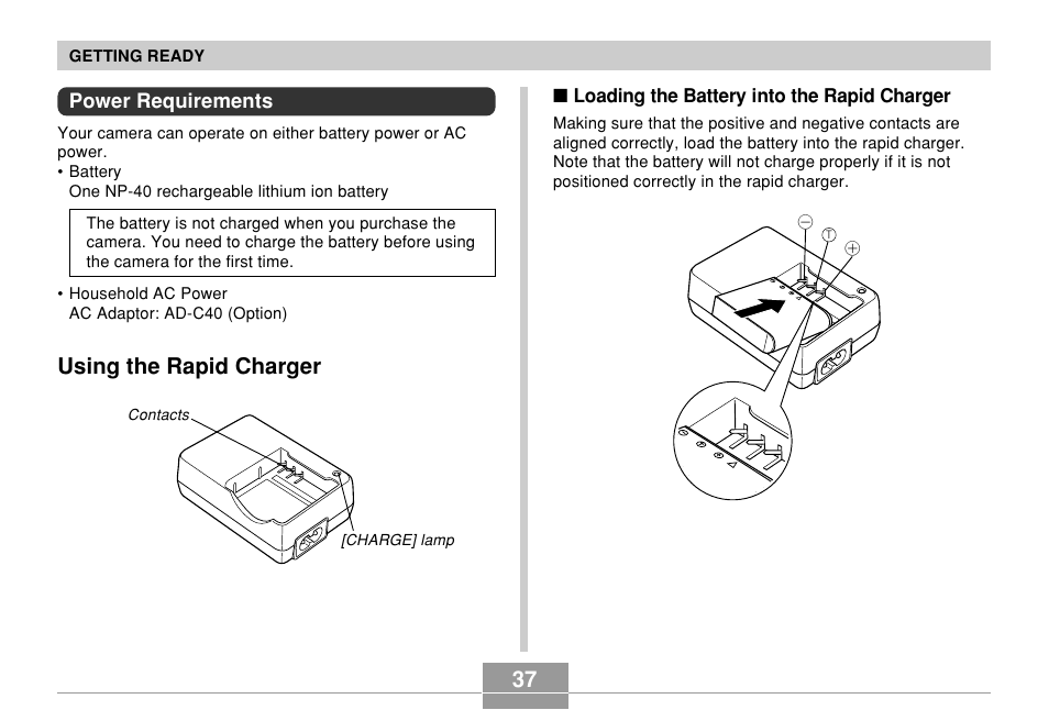 Power requirements, Using the rapid charger | Casio EX-P700 User Manual | Page 37 / 267