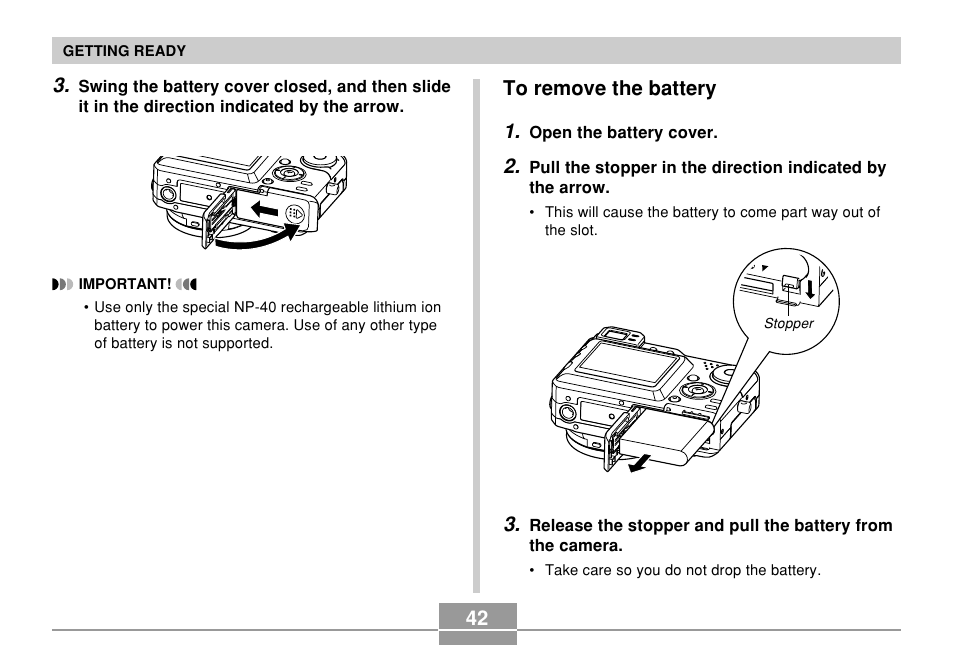 To remove the battery | Casio EX-P700 User Manual | Page 42 / 267