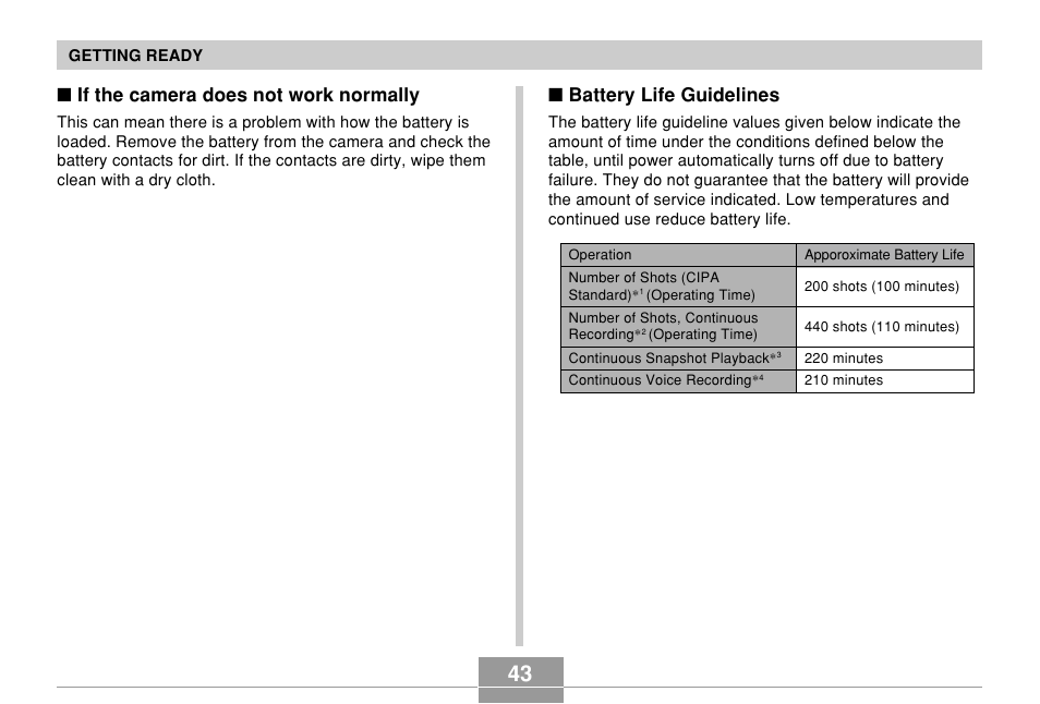 If the camera does not work normally, Battery life guidelines | Casio EX-P700 User Manual | Page 43 / 267