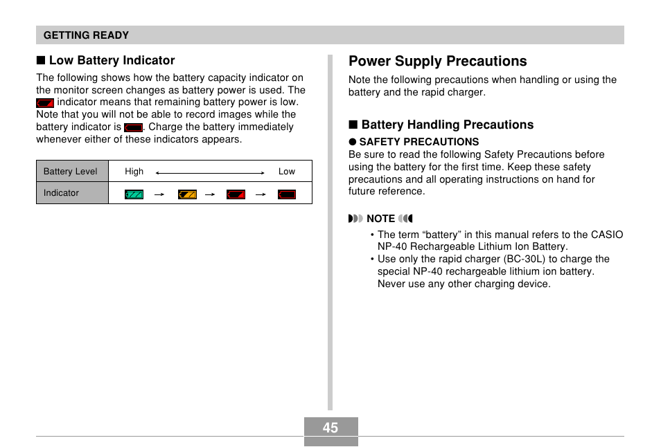 Power supply precautions | Casio EX-P700 User Manual | Page 45 / 267