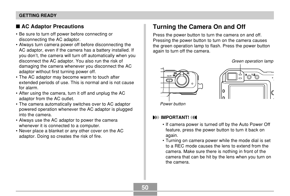 Turning the camera on and off | Casio EX-P700 User Manual | Page 50 / 267