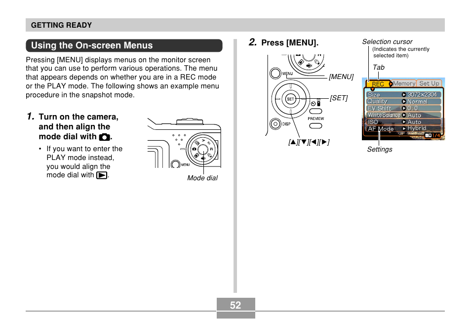 Using the on-screen menus | Casio EX-P700 User Manual | Page 52 / 267