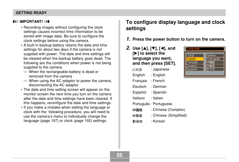 To configure display language and clock settings | Casio EX-P700 User Manual | Page 55 / 267