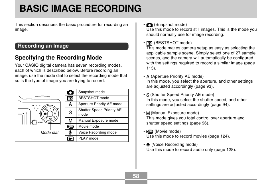 Basic image recording, Recording an image, Specifying the recording mode | Casio EX-P700 User Manual | Page 58 / 267