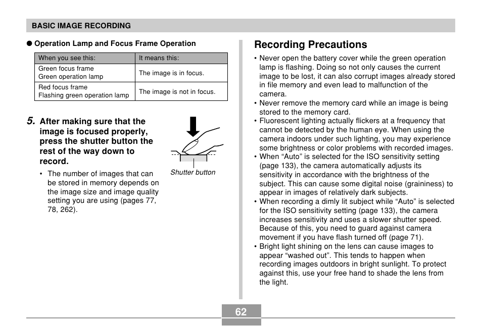 Recording precautions | Casio EX-P700 User Manual | Page 62 / 267