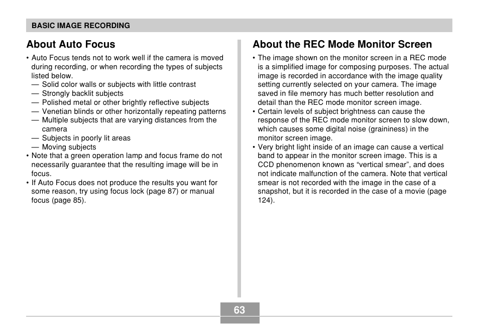 About auto focus, About the rec mode monitor screen | Casio EX-P700 User Manual | Page 63 / 267