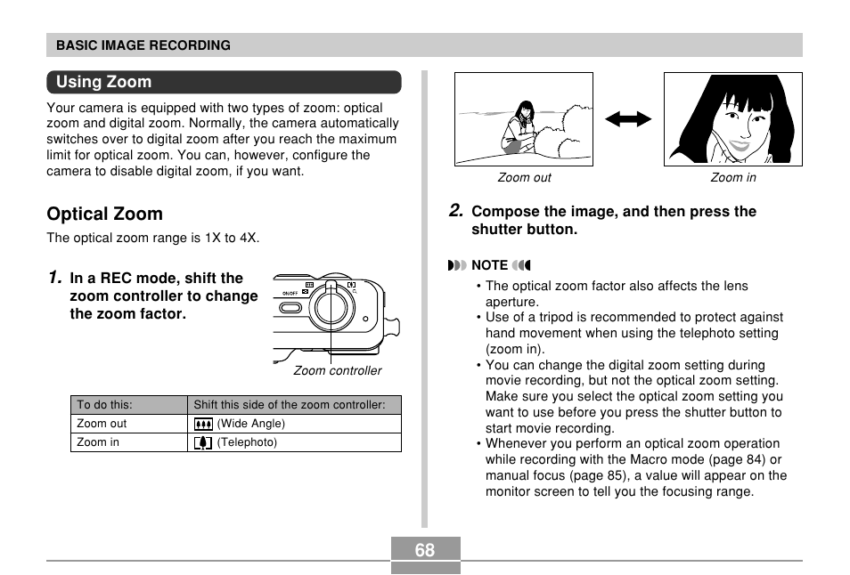 Using zoom, Optical zoom | Casio EX-P700 User Manual | Page 68 / 267