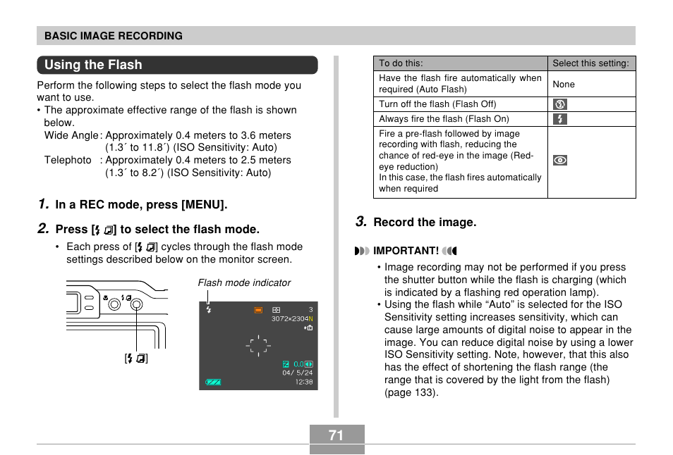 Using the flash | Casio EX-P700 User Manual | Page 71 / 267