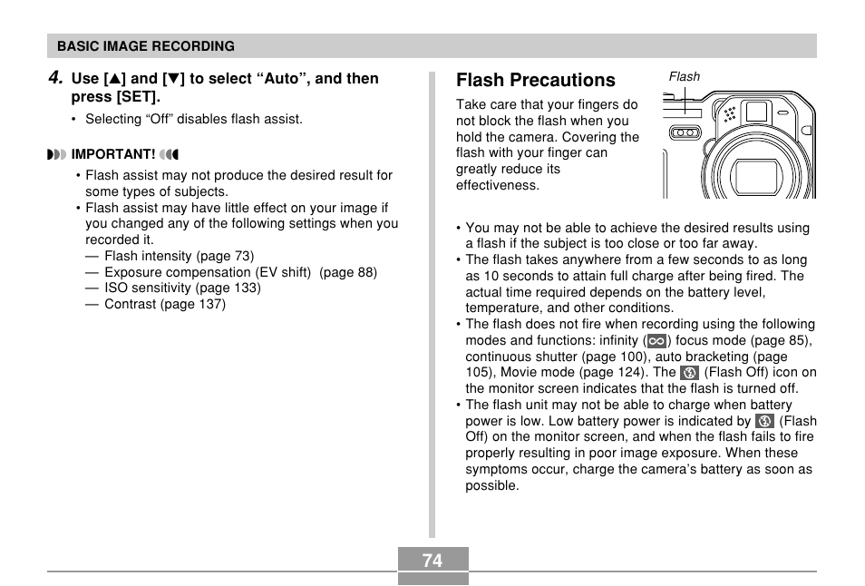 Flash precautions | Casio EX-P700 User Manual | Page 74 / 267