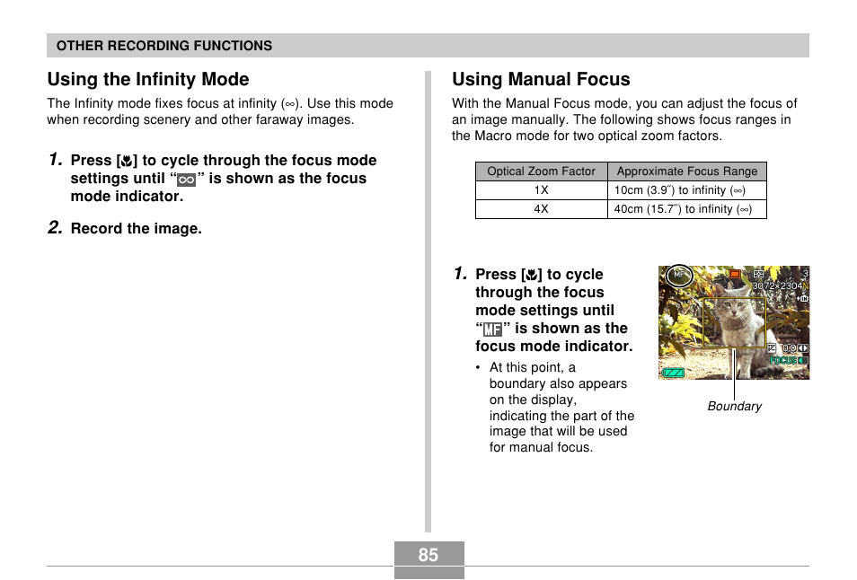 Using the infinity mode, Using manual focus | Casio EX-P700 User Manual | Page 85 / 267