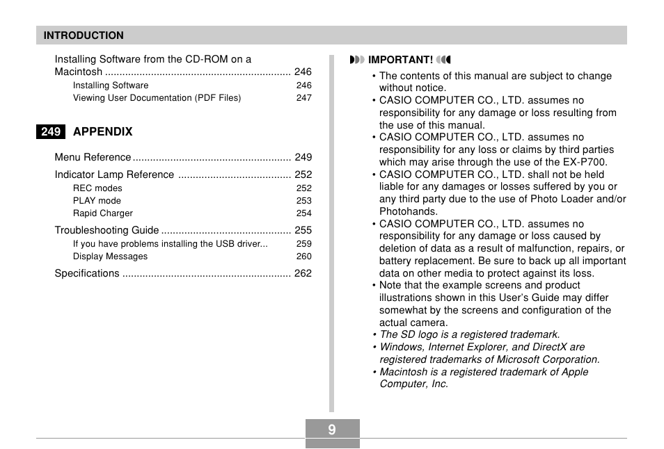 Casio EX-P700 User Manual | Page 9 / 267