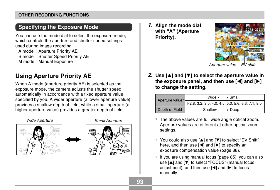 Specifying the exposure mode, Using aperture priority ae | Casio EX-P700 User Manual | Page 93 / 267