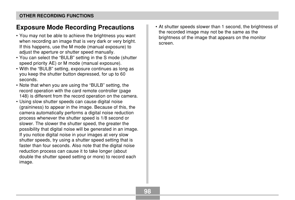 Exposure mode recording precautions | Casio EX-P700 User Manual | Page 98 / 267